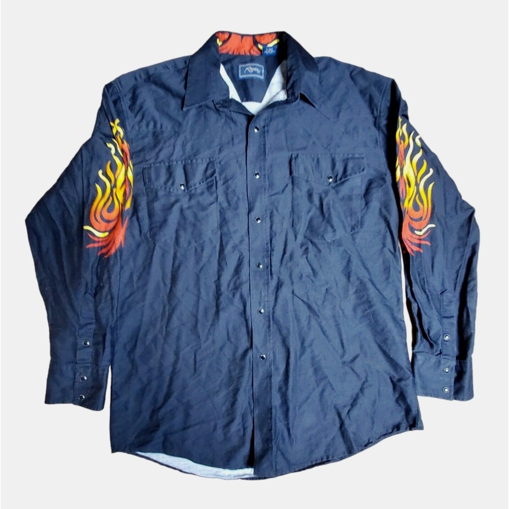Vintage Men's Roper Western Shirt-- Black Long-sleeve with Tribal Flames